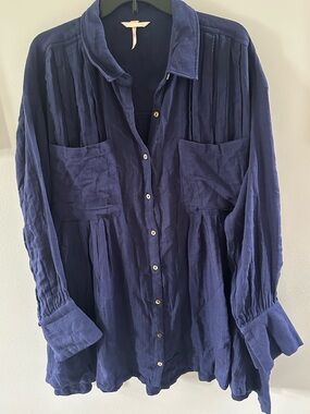 Free People Voyager Shirtdress Navy Blue Oversized Button Front Gauze Medium